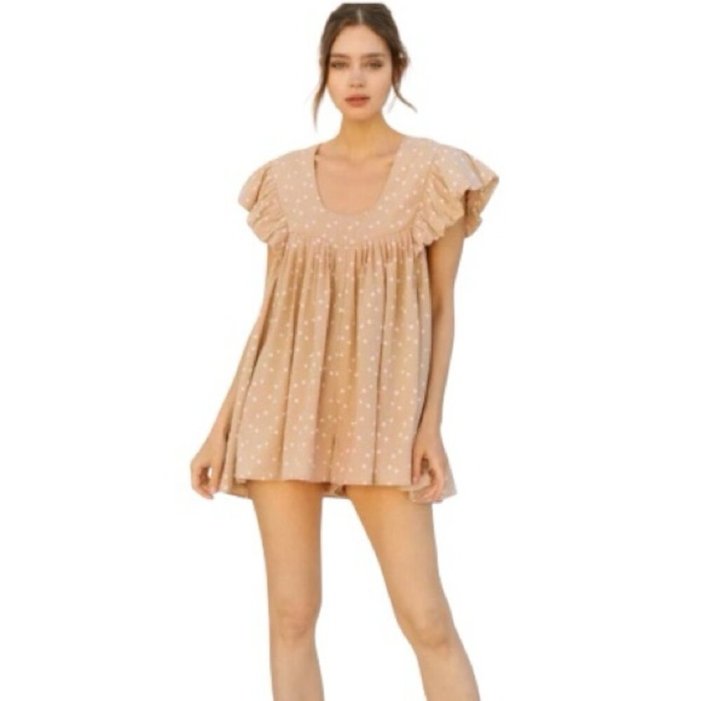 Storia Tan Floral Ruffle Sleeve Loose Fit Romper With Pockets - Size Small